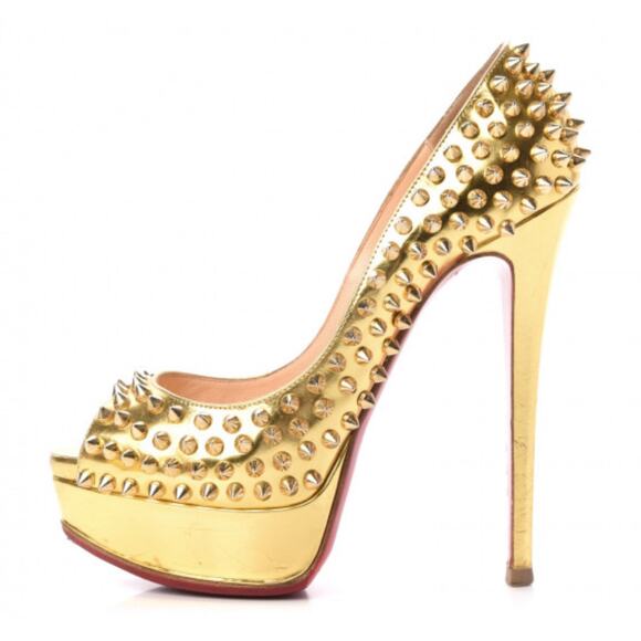 Christian Louboutin Shoes - CHRISTIAN LOUBOUTIN Specchio Lady Peep Spikes 150 Pumps Gold Sz 40 9.5 Stiletto